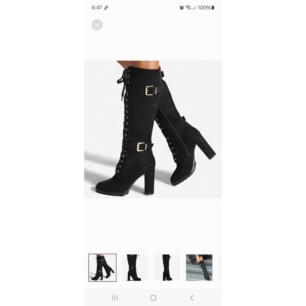 New 9.5E Extra Wide Shoe Dazzle Black Rangi Lace Up Chunky High Heel Boots